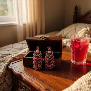 Bebe Vintage 80's Earrings Chandelier pierced silver Pink Black Seed beads